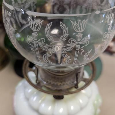 Floral Design Milk Glass Bowl Oil Lamp With Etched Shade