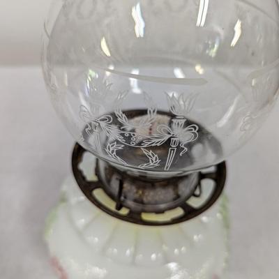 Floral Design Milk Glass Bowl Oil Lamp With Etched Shade