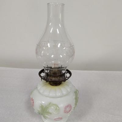 Floral Design Milk Glass Bowl Oil Lamp With Etched Shade