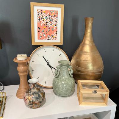 Mixed Decorative Lot - Japanese Vase, Clock, Tall Vase + More