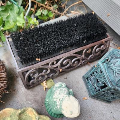 Lot of Yard Art & Boot Shoe Brushes Bird Bath Candle Holder