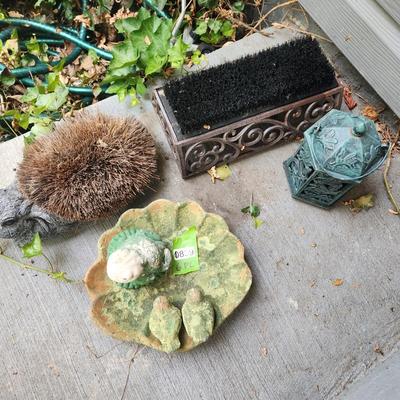 Lot of Yard Art & Boot Shoe Brushes Bird Bath Candle Holder
