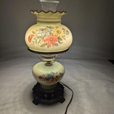 Antique Hurricane Glass Floral Table Lamp