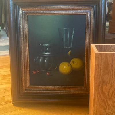 P6-Artwork pair and Wooden bank and vase