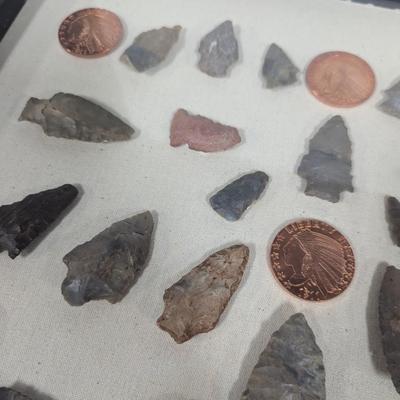 Framed Arrow Head & Native American Indian Head Copper Rounds Shadow Box