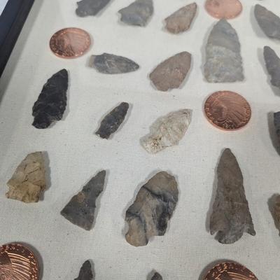 Framed Arrow Head & Native American Indian Head Copper Rounds Shadow Box