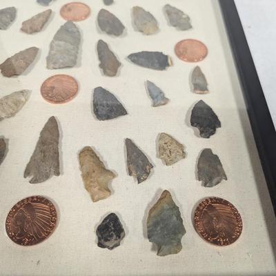 Framed Arrow Head & Native American Indian Head Copper Rounds Shadow Box