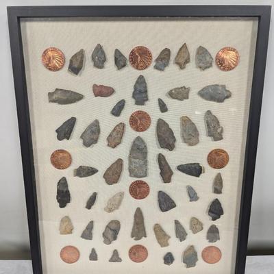 Framed Arrow Head & Native American Indian Head Copper Rounds Shadow Box