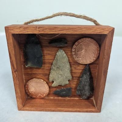 Framed Arrow Head & Native American Indian Head Copper Rounds
