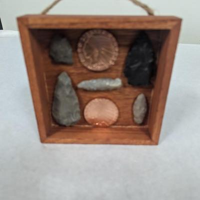Framed Arrow Head & Native American Indian Head Copper Rounds