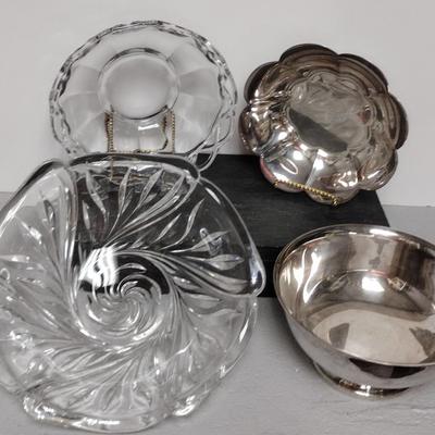 2 silver plate and 2 glass bowls