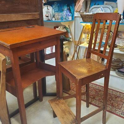 Antique teachers tall table and chair