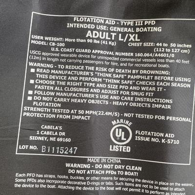 Cabellas large/xl life jacket