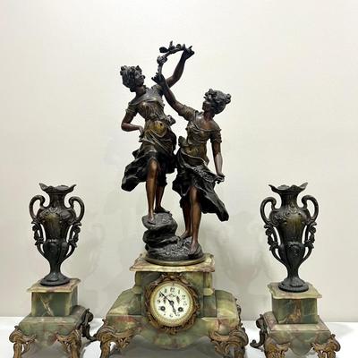 REINE DES FLEURS Par-Ruffony 19th Century Onyx Marble Mantle Clock Set