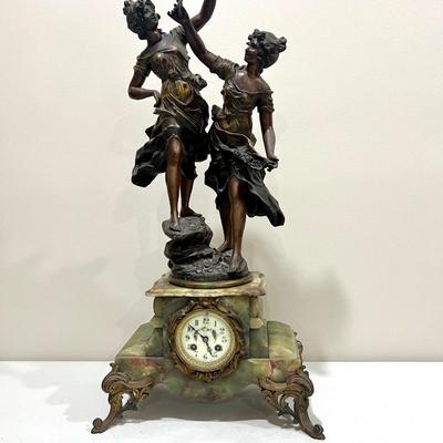 REINE DES FLEURS Par-Ruffony 19th Century Onyx Marble Mantle Clock Set