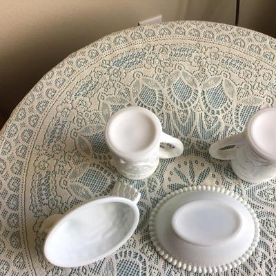 Milk Glass Hen on a Nest and Two Milk Glass Small Pitcher