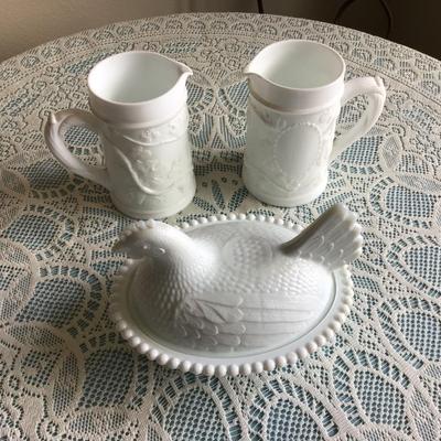Milk Glass Hen on a Nest and Two Milk Glass Small Pitcher