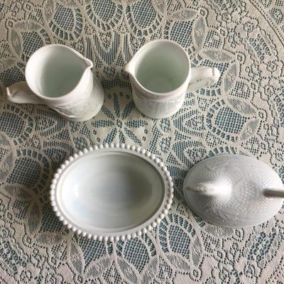 Milk Glass Hen on a Nest and Two Milk Glass Small Pitcher