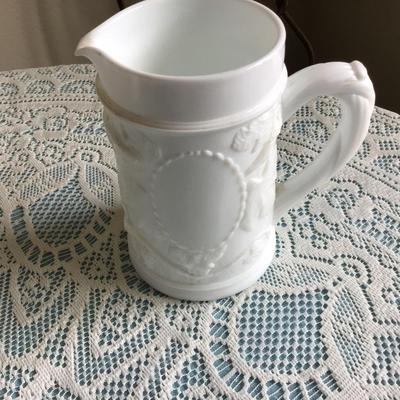 Milk Glass Hen on a Nest and Two Milk Glass Small Pitcher