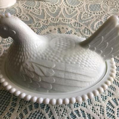 Milk Glass Hen on a Nest and Two Milk Glass Small Pitcher