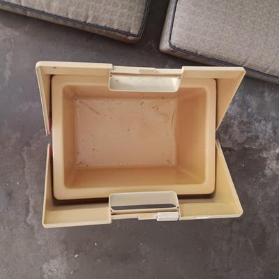 3 PATIO CHAIR CUSHIONS AND A COOLER