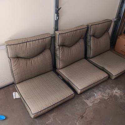 3 PATIO CHAIR CUSHIONS AND A COOLER