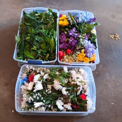3 STORAGE TOTES FULL OF FAUX FLOWERS AND GREENERY