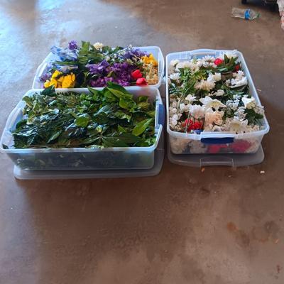 3 STORAGE TOTES FULL OF FAUX FLOWERS AND GREENERY
