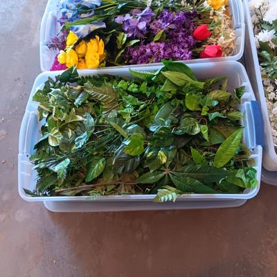 3 STORAGE TOTES FULL OF FAUX FLOWERS AND GREENERY