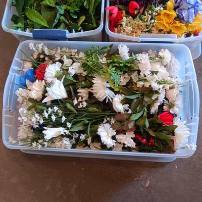 3 STORAGE TOTES FULL OF FAUX FLOWERS AND GREENERY