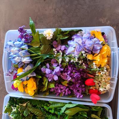 3 STORAGE TOTES FULL OF FAUX FLOWERS AND GREENERY