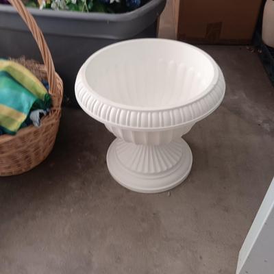 FAUX FLOWERS, PLANTERS AND WICKER BASKET