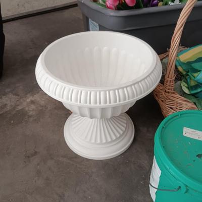 FAUX FLOWERS, PLANTERS AND WICKER BASKET