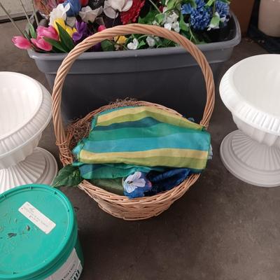 FAUX FLOWERS, PLANTERS AND WICKER BASKET