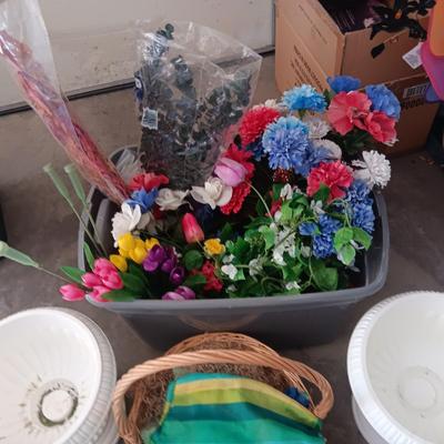 FAUX FLOWERS, PLANTERS AND WICKER BASKET