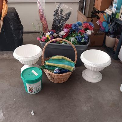 FAUX FLOWERS, PLANTERS AND WICKER BASKET