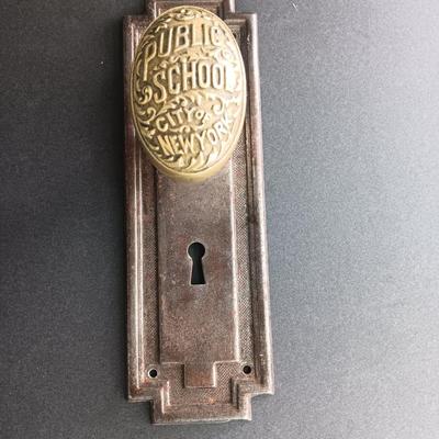 Antique Brass Public School City of New York Doorknob with back plate