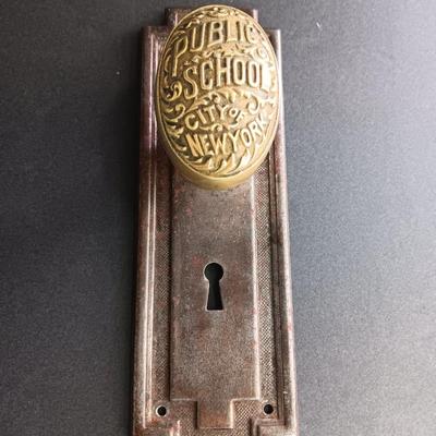 Antique Brass Public School City of New York Doorknob with back plate