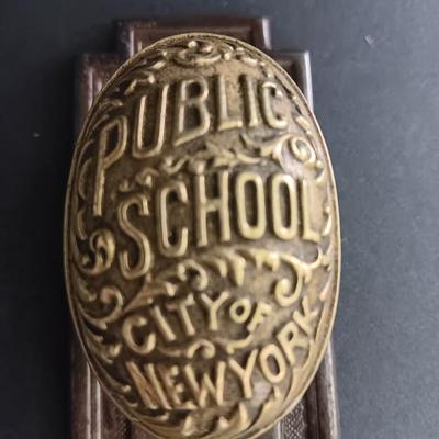 Antique Brass Public School City of New York Doorknob with back plate