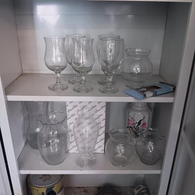 PRINCESS HOUSE AND OTHER GLASS VASES PLUS STEMMED GLASSES