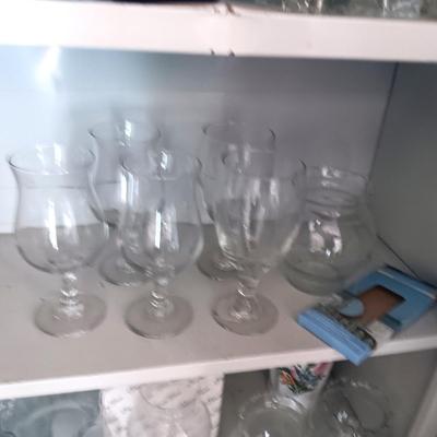PRINCESS HOUSE AND OTHER GLASS VASES PLUS STEMMED GLASSES
