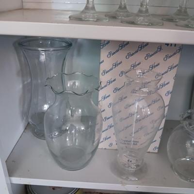 PRINCESS HOUSE AND OTHER GLASS VASES PLUS STEMMED GLASSES