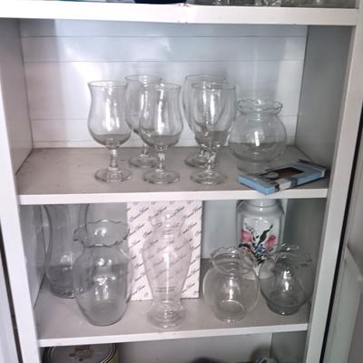 PRINCESS HOUSE AND OTHER GLASS VASES PLUS STEMMED GLASSES