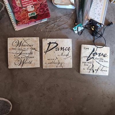 TILED WALL HUNG QUOTES, WICKER BASKETS, FLOWER ARRANGING SUPPLIES AND MORE