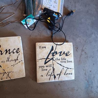 TILED WALL HUNG QUOTES, WICKER BASKETS, FLOWER ARRANGING SUPPLIES AND MORE