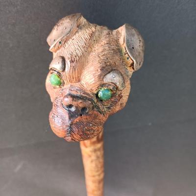 Antique Folk Art Style Carved Bulldog Art Deco RARE Walking stick / cane