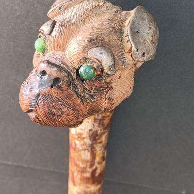 Antique Folk Art Style Carved Bulldog Art Deco RARE Walking stick / cane