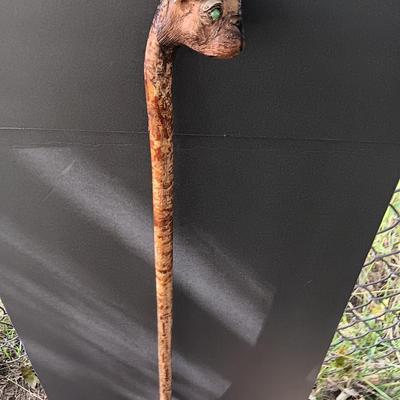Antique Folk Art Style Carved Bulldog Art Deco RARE Walking stick / cane