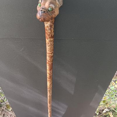 Antique Folk Art Style Carved Bulldog Art Deco RARE Walking stick / cane