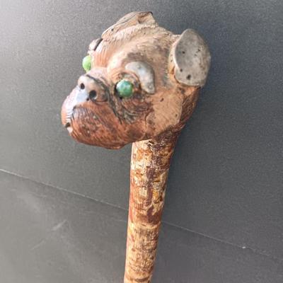 Antique Folk Art Style Carved Bulldog Art Deco RARE Walking stick / cane